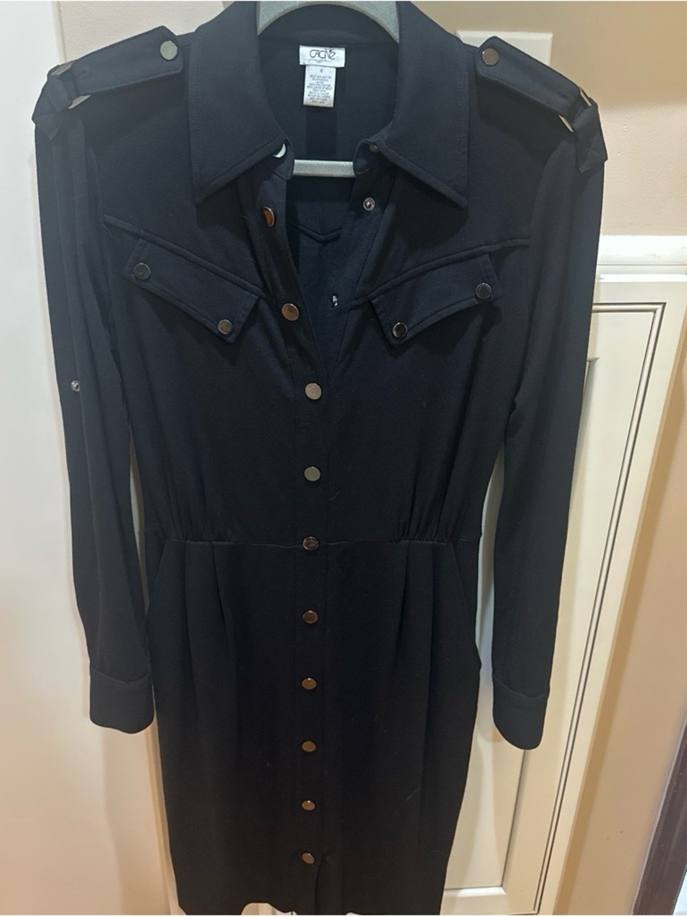 Cache Black Long-Sleeve Button-Front Shirt Dress